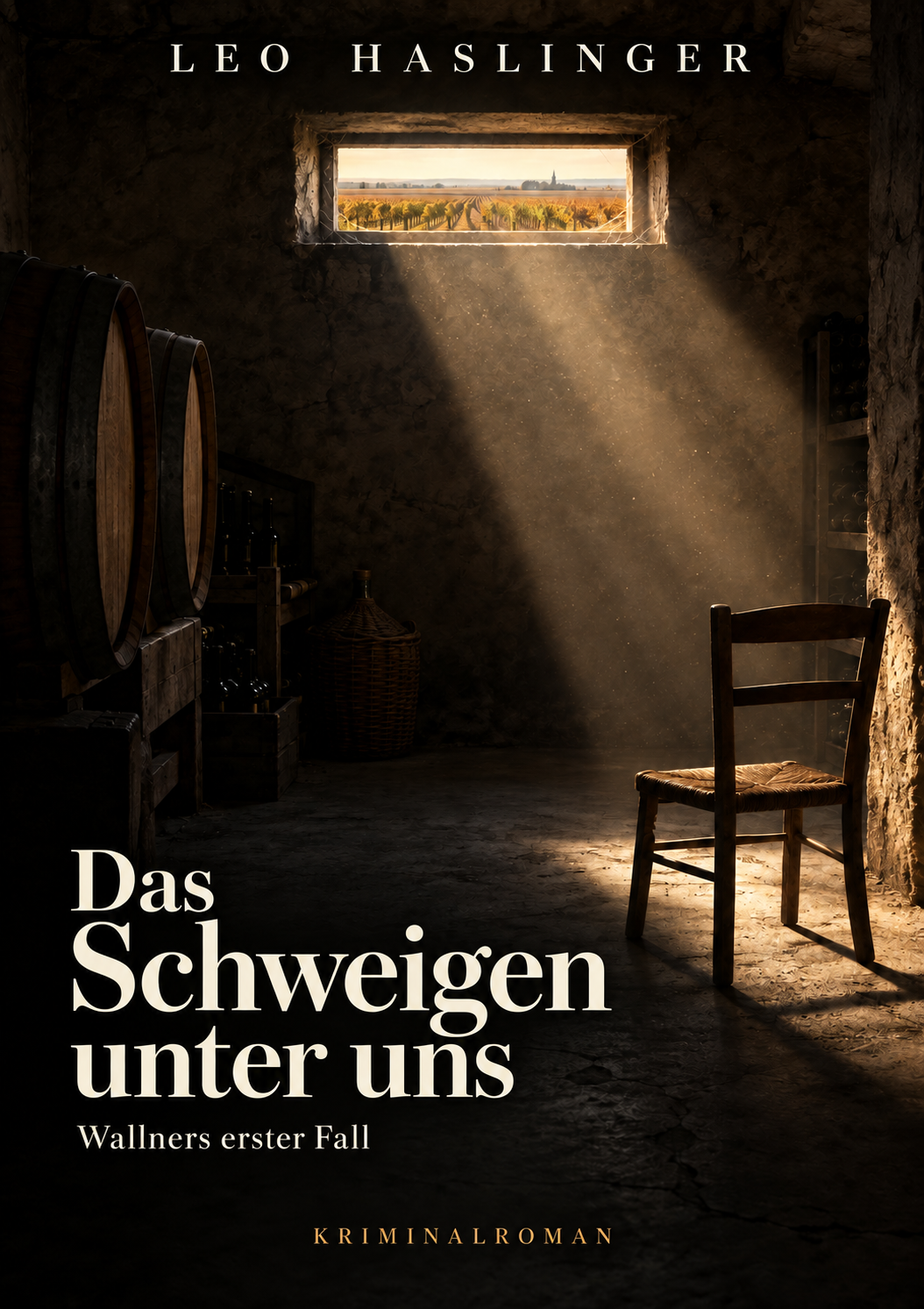 Buchcover Das Schweigen unter uns: Licht fällt durch ein Kellerfenster auf einen leeren Stuhl.