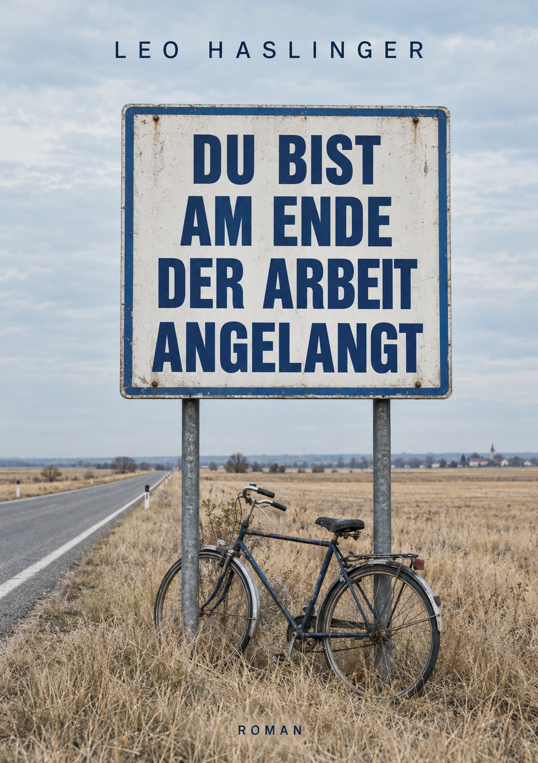 Buchcover Du bist am Ende der Arbeit angelangt: ein verwittertes Schild und ein Fahrrad in weiter Landschaft.